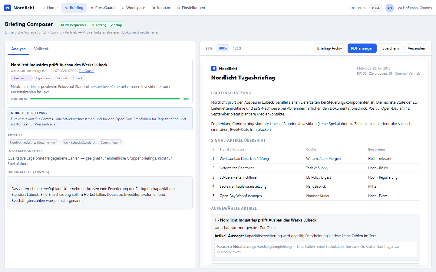 Briefing Center with selected articles and draft document