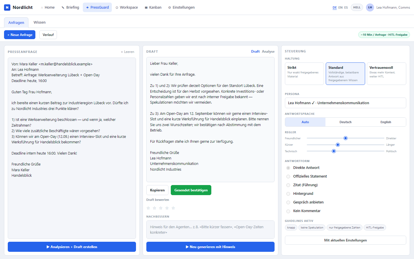 PressGuard with inquiry, analysis and draft reply for approval